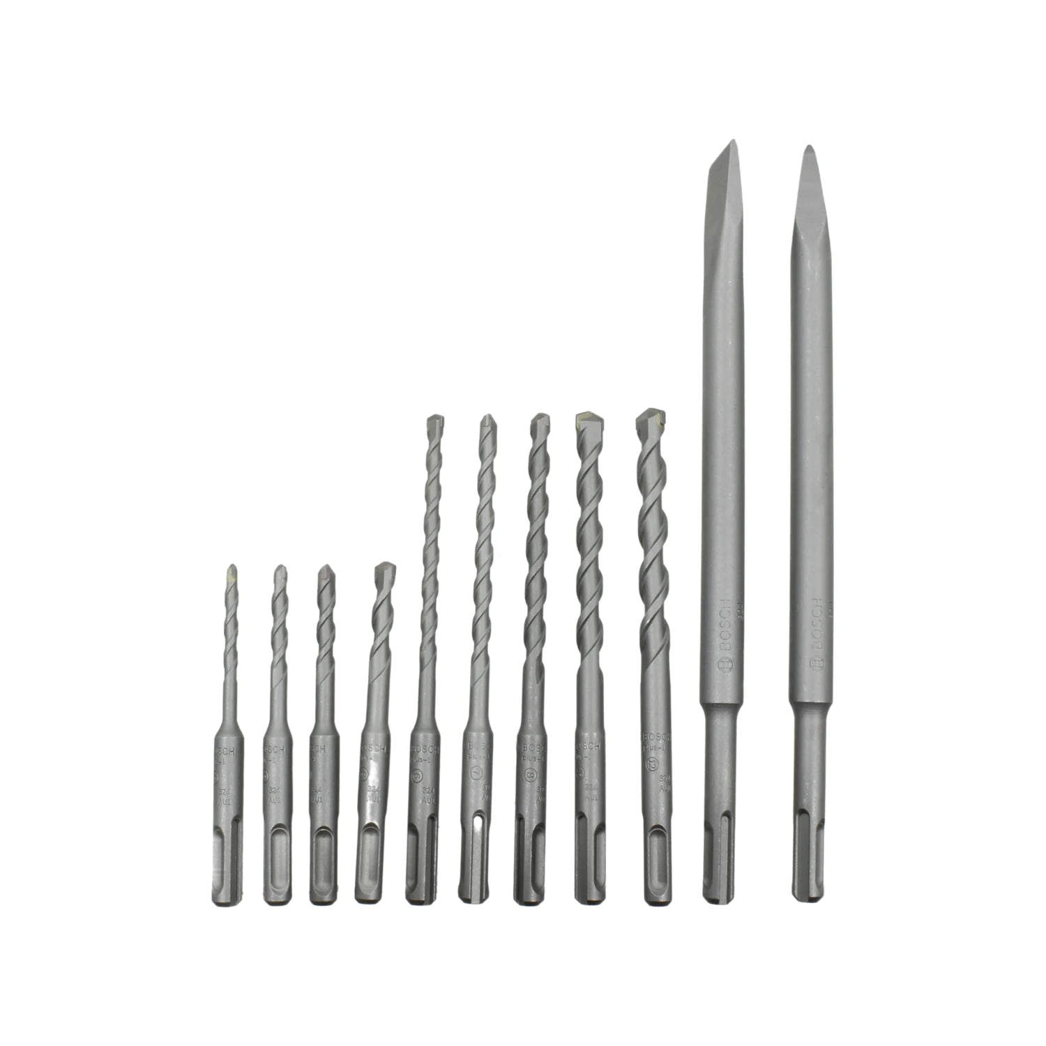 Juego de 11 brocas y cinceles SDS Plus Bosch para martillo perforador, ideal para concreto y mampostería.