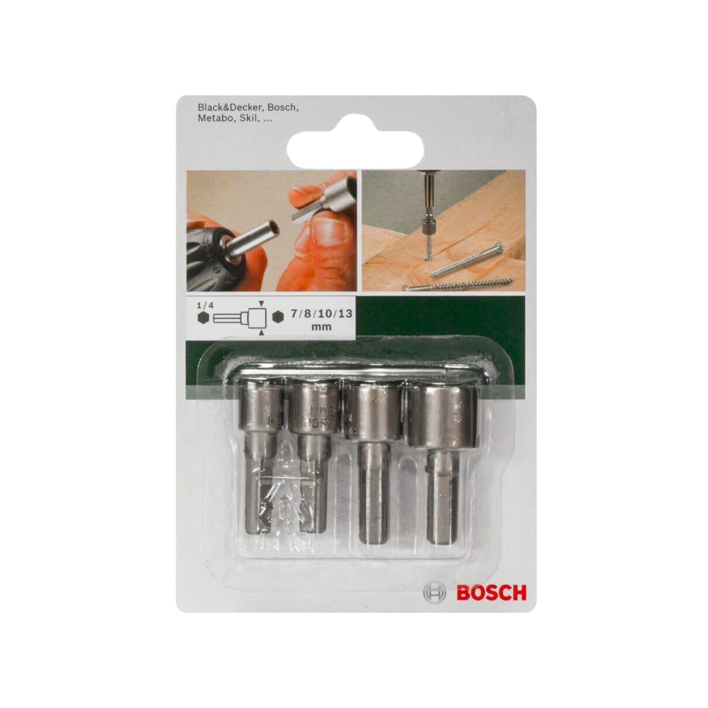 Juego de dados hexagonales Bosch 1/4", 4 piezas (7, 8, 10, 13 mm) para atornilladores y taladros
