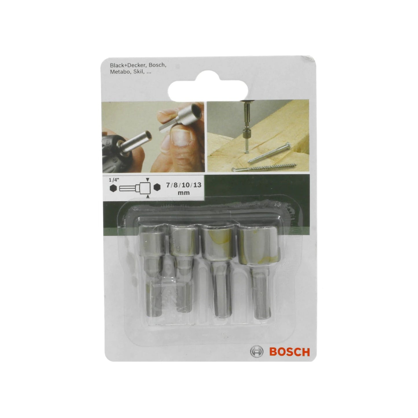 Juego de puntas de vaso hexagonales Bosch 1/4", 4 piezas, 7, 8, 10, 13mm, para atornillador