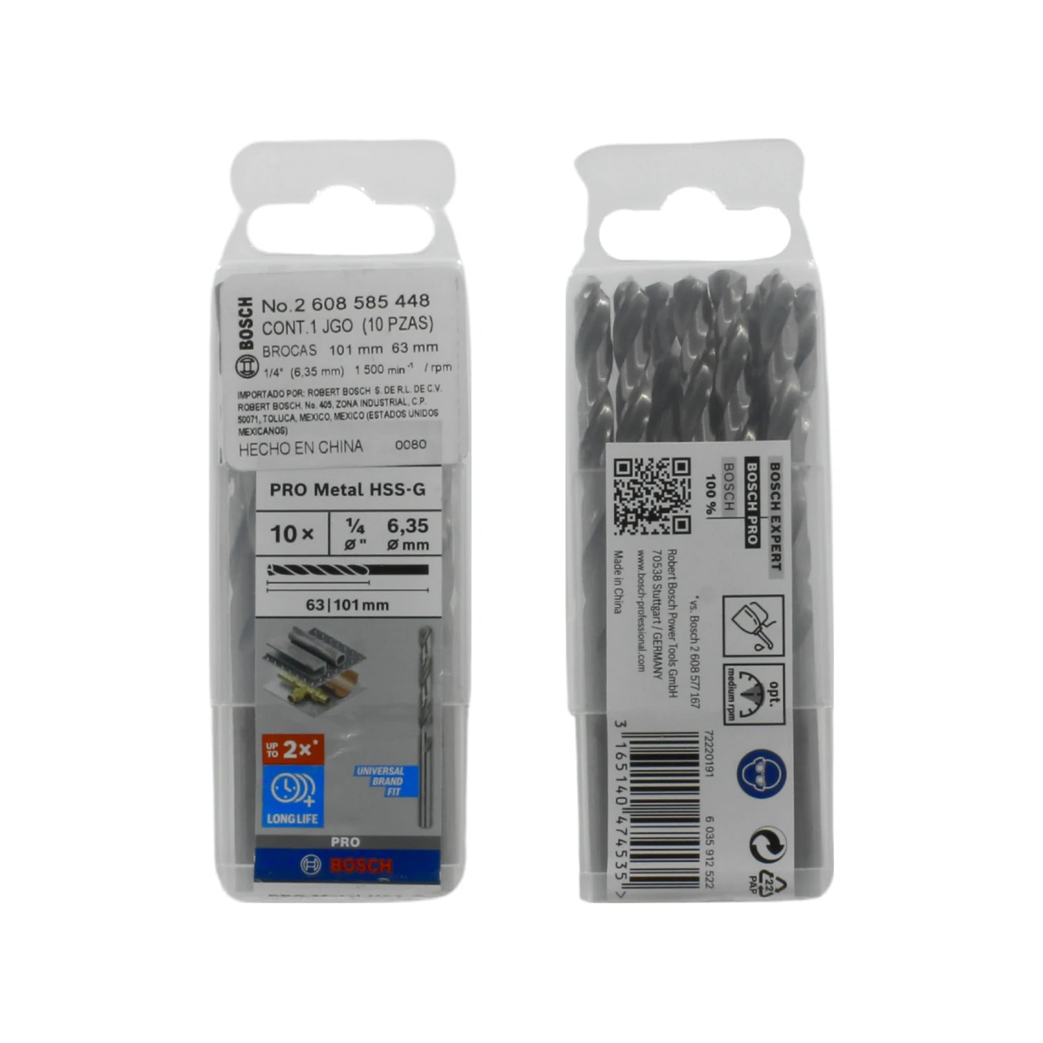 Juego de 10 brocas para metal Bosch HSS-G de 1/4 pulg. (6.35mm), acabado brillante, larga vida útil