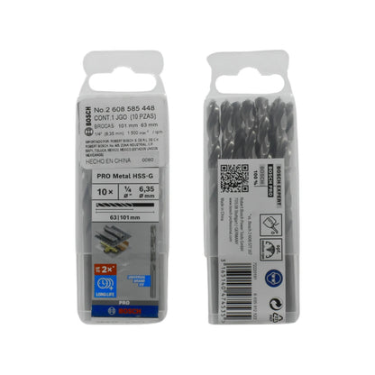 Juego de 10 brocas para metal Bosch HSS-G de 1/4 pulg. (6.35mm), acabado brillante, larga vida útil