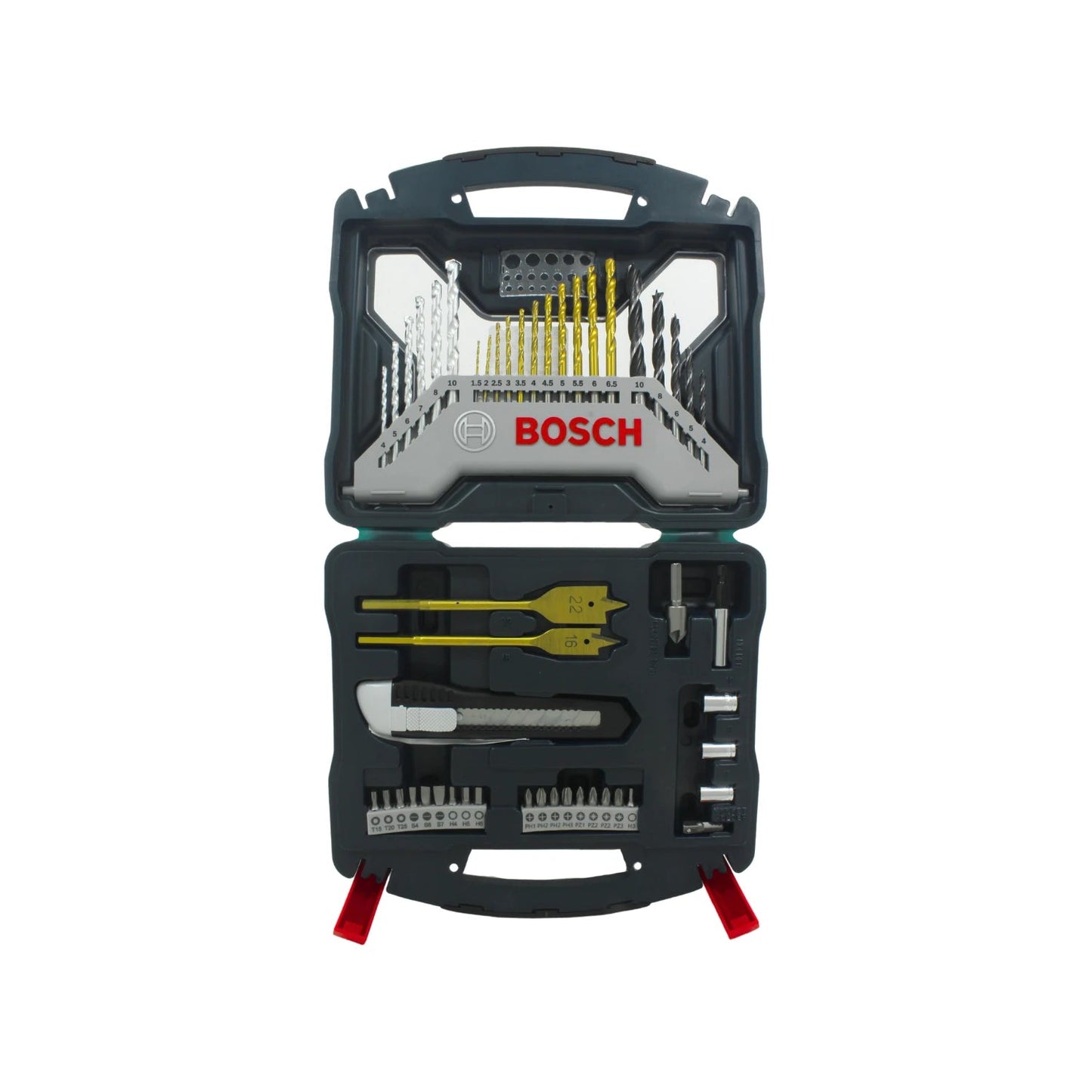 Set de 50 piezas Bosch X-Line: brocas para metal, madera, concreto, puntas destornillador, navaja y avellanador en estuche.
