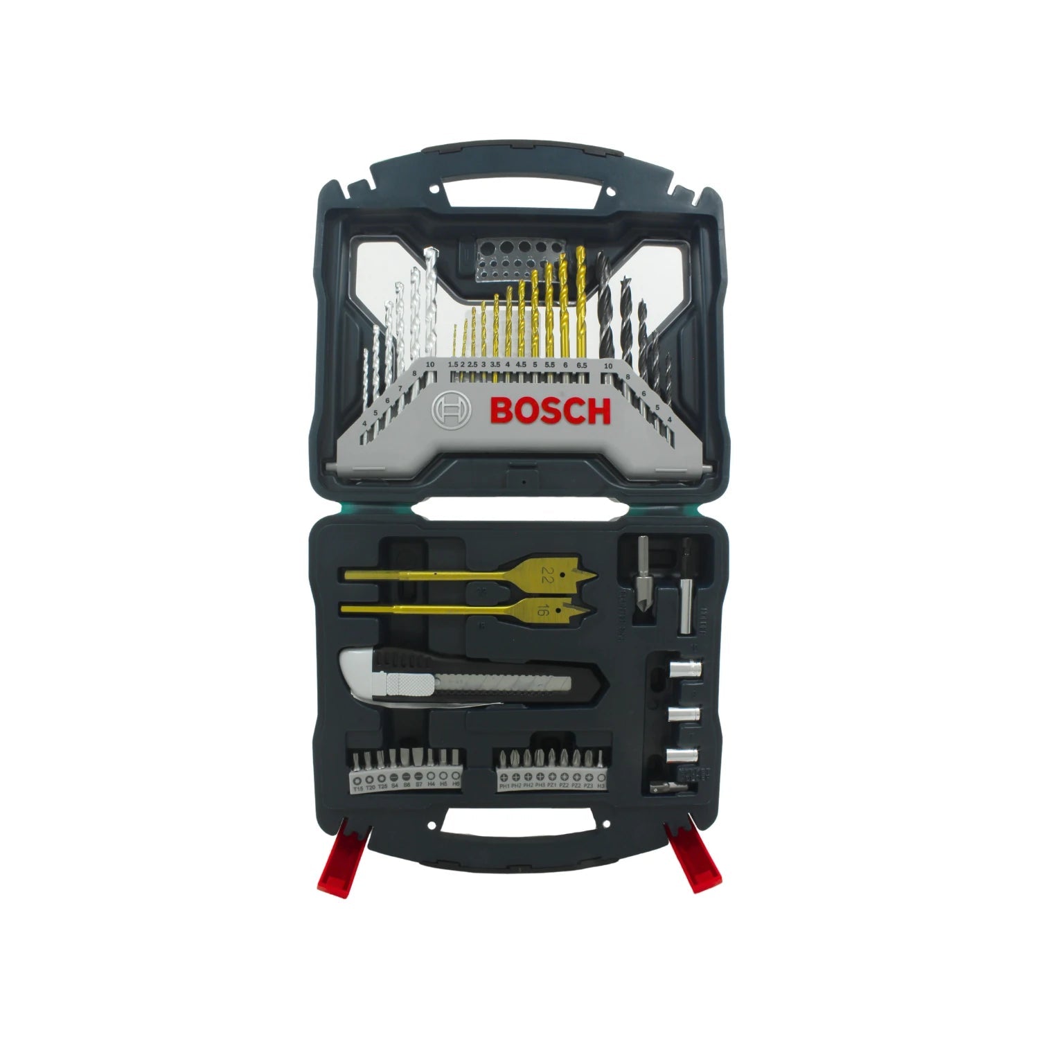 Set de 50 piezas Bosch X-Line: brocas para metal, madera, concreto, puntas destornillador, navaja y avellanador en estuche.