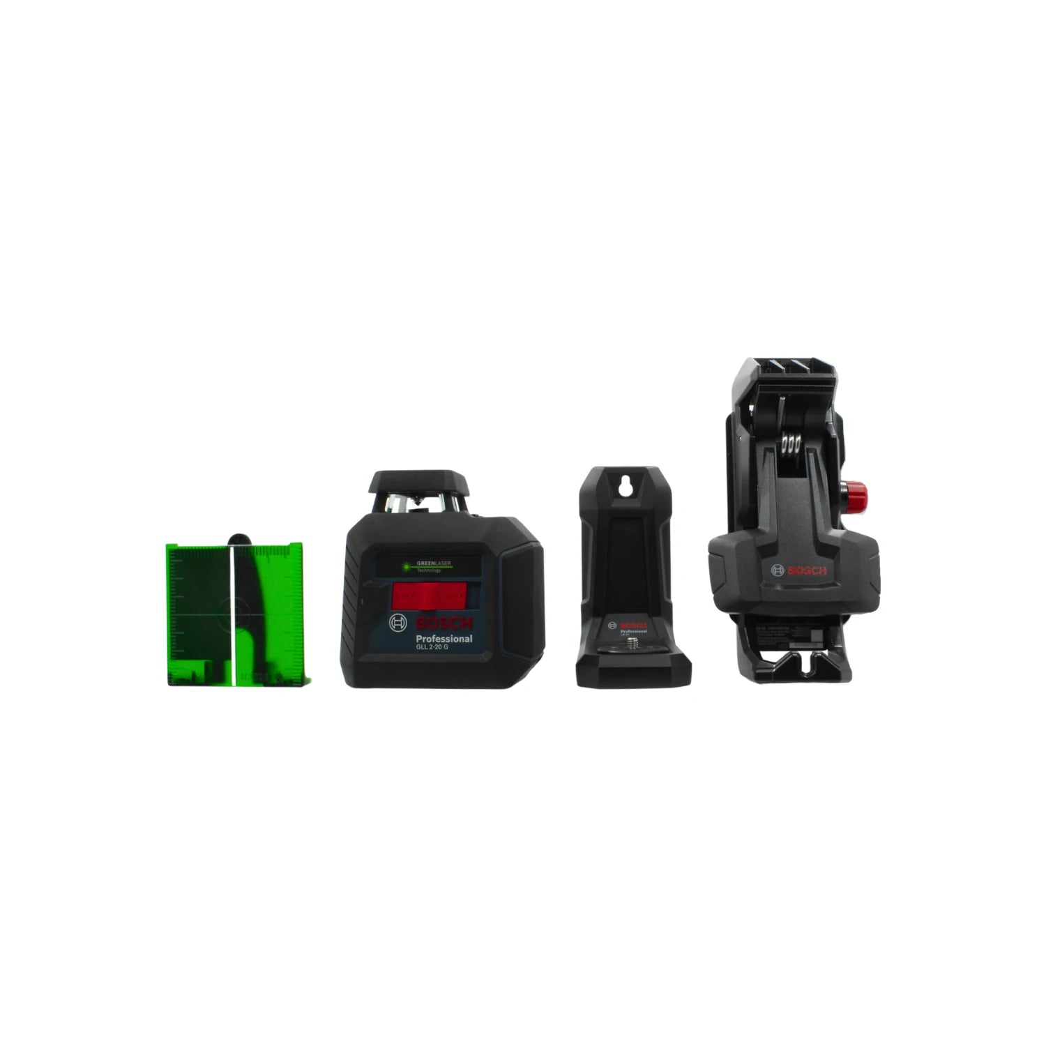 Nivel láser Bosch profesional verde GLL 2-20 G de 20 metros con placa y soportes para obra