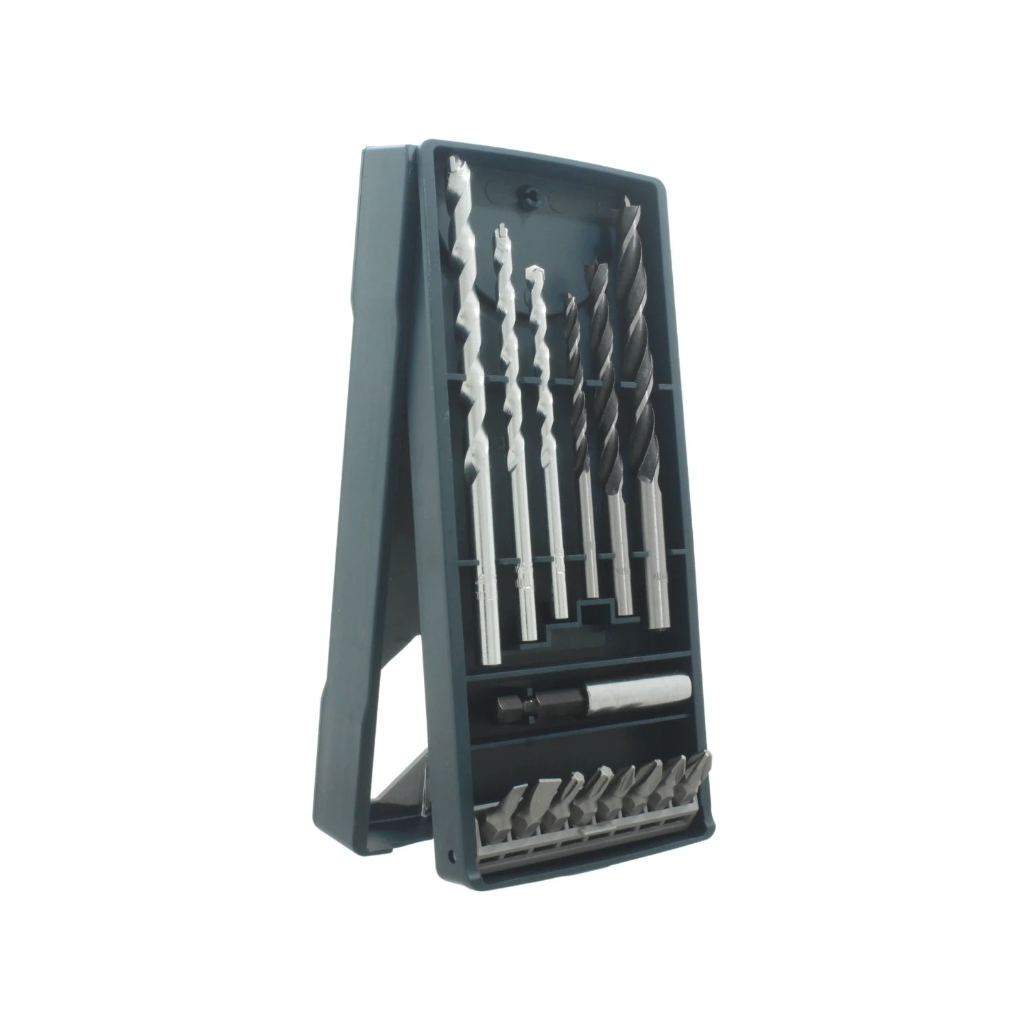 Juego de brocas para taladro y puntas atornillar en estuche azul oscuro. Incluye brocas para metal, madera y mampostería.