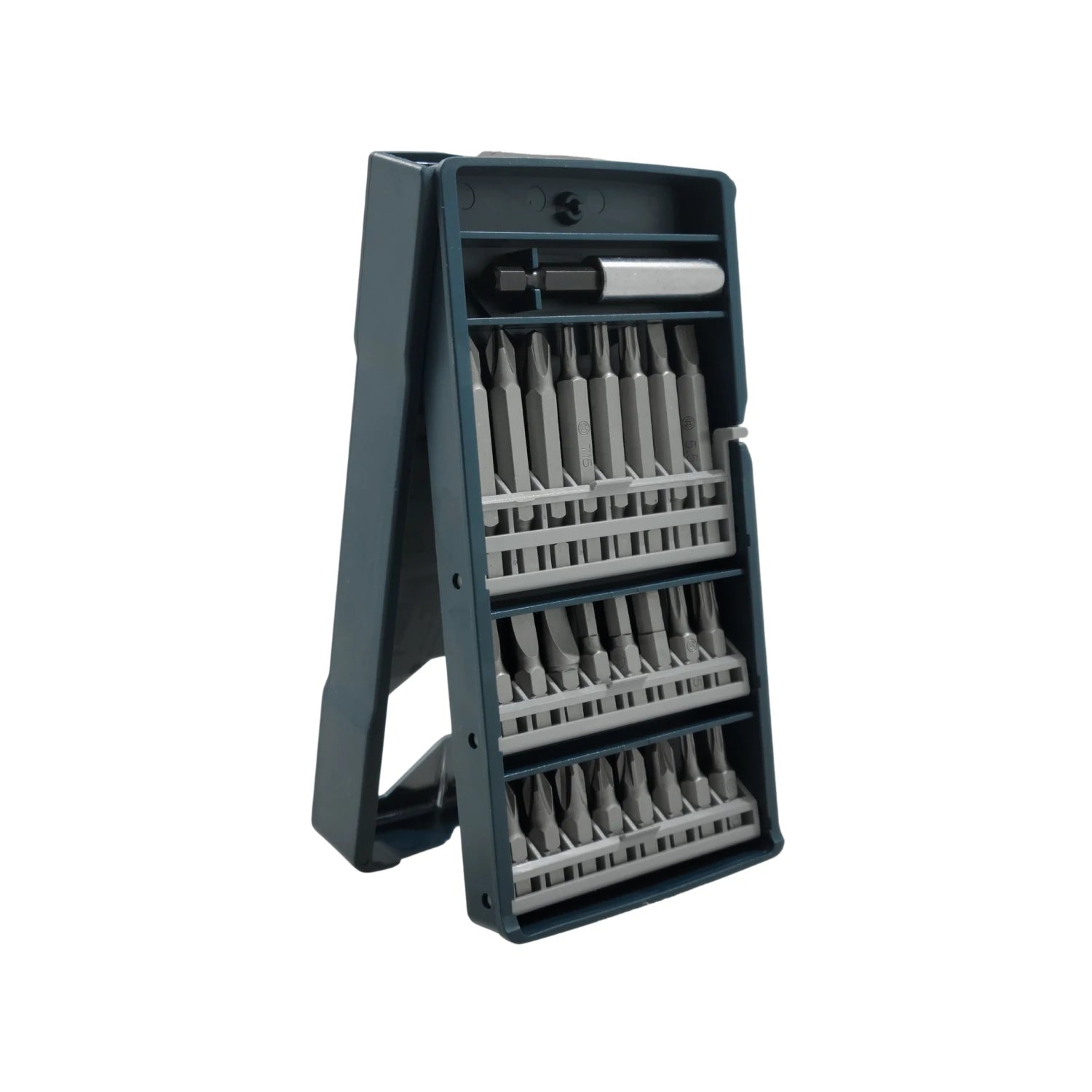 Juego de puntas de atornillador surtidas con soporte magnético en estuche organizador compacto verde oscuro.