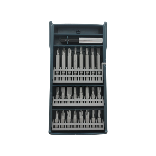 Juego de puntas de atornillador con Phillips, planas, Torx (T15, T20) y porta-puntas magnético en estuche azul gris.