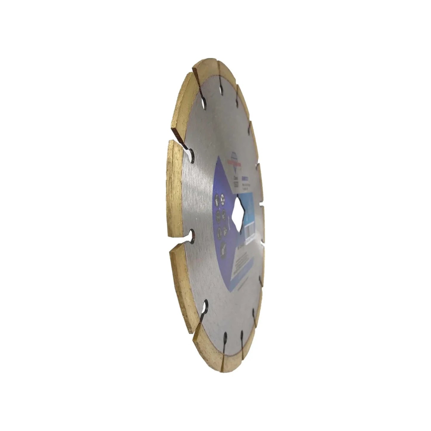 Disco de corte diamantado segmentado de 7 pulgadas, color plateado con segmentos dorados para concreto y mampostería.