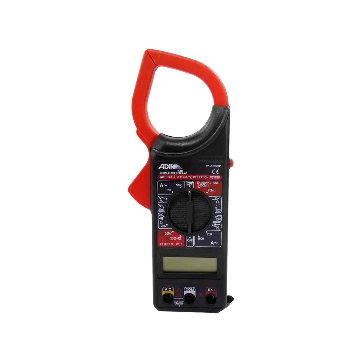 Multímetro digital de gancho Adir 440 negro/rojo, mide corriente, voltaje, resistencia y prueba aislamiento 500V.