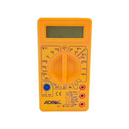 Multímetro digital Adir 441 amarillo para medir voltaje, corriente, resistencia y hFE. Herramienta de electricista.