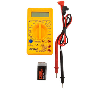 Pantalla digital lCD.,Mide: VCD/VCA resistencia.,Mide: diodos transitores y continuidad.,Opera con batería de 9 V (incluida).