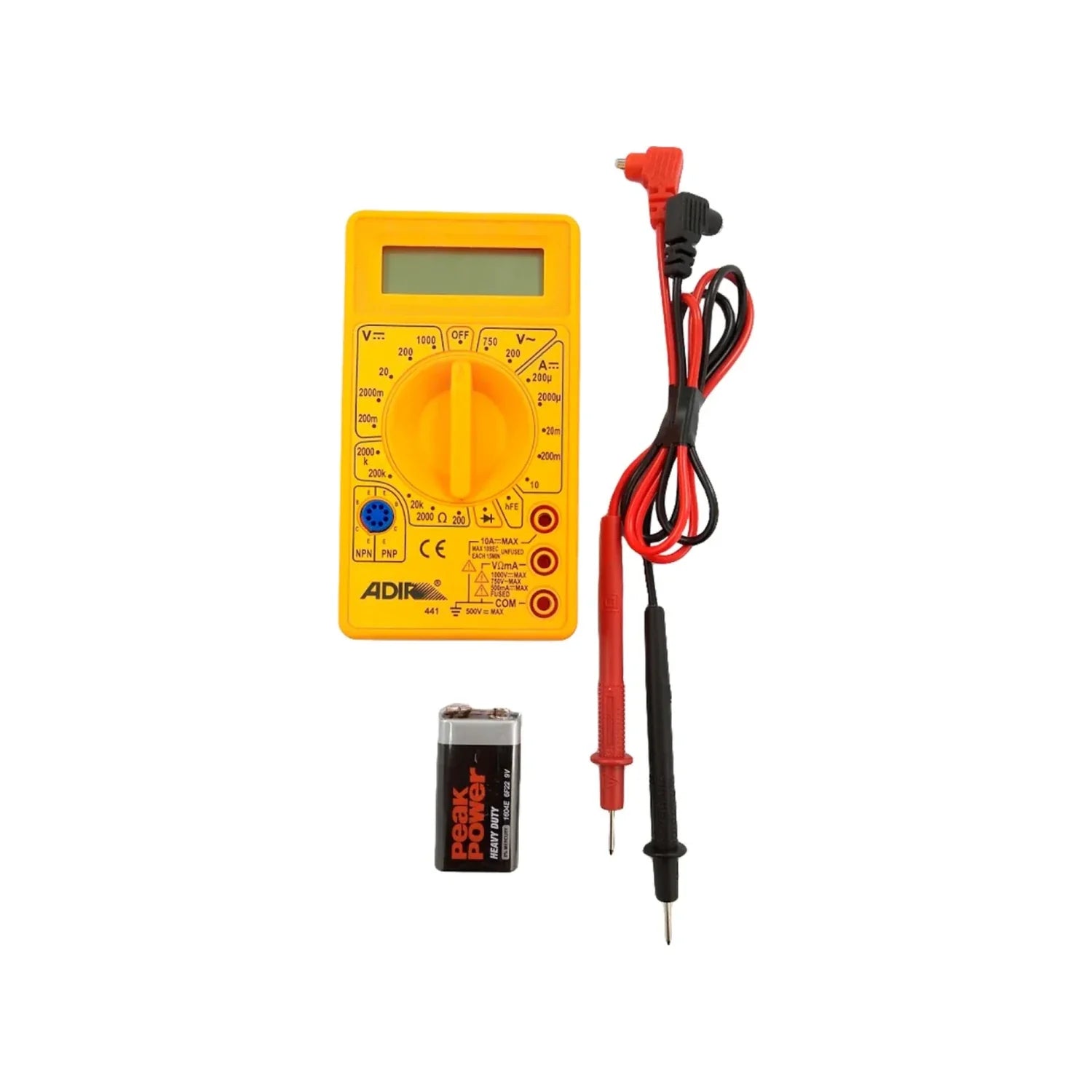 Pantalla digital lCD.,Mide: VCD/VCA resistencia.,Mide: diodos transitores y continuidad.,Opera con batería de 9 V (incluida).