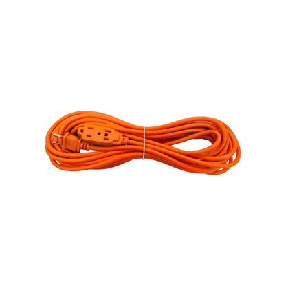 Extensión eléctrica naranja uso rudo, 8 metros, enrollada, con enchufe y toma polarizada.