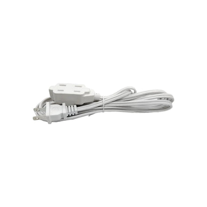Extensión eléctrica blanca con clavija de 2 polos y multicontacto de 3 salidas, cable enrollado