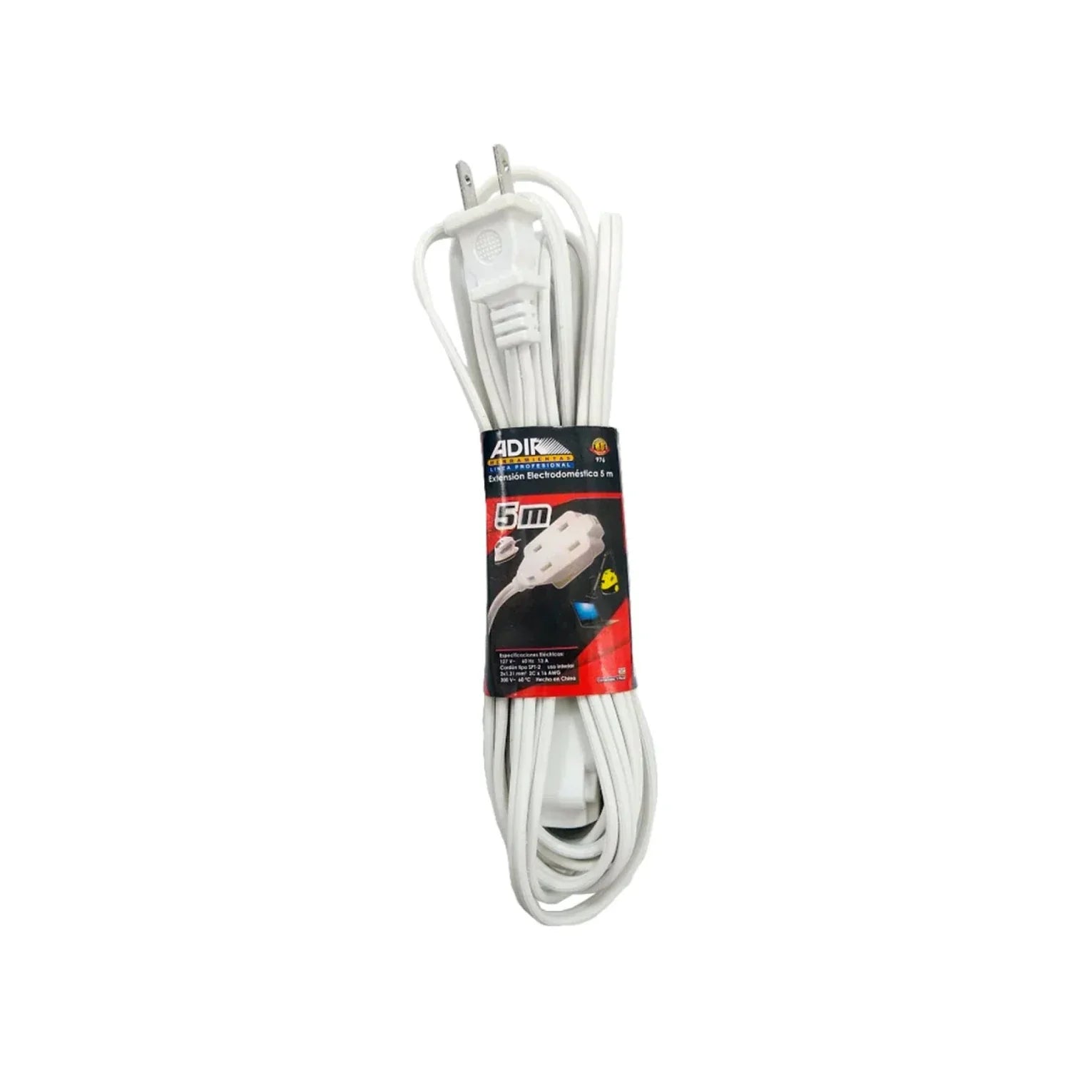 Cable calibre 16 AWG,Cordón tipo sjt.,Extensión de 5 metros.,Extensión electrodoméstica color blanca.