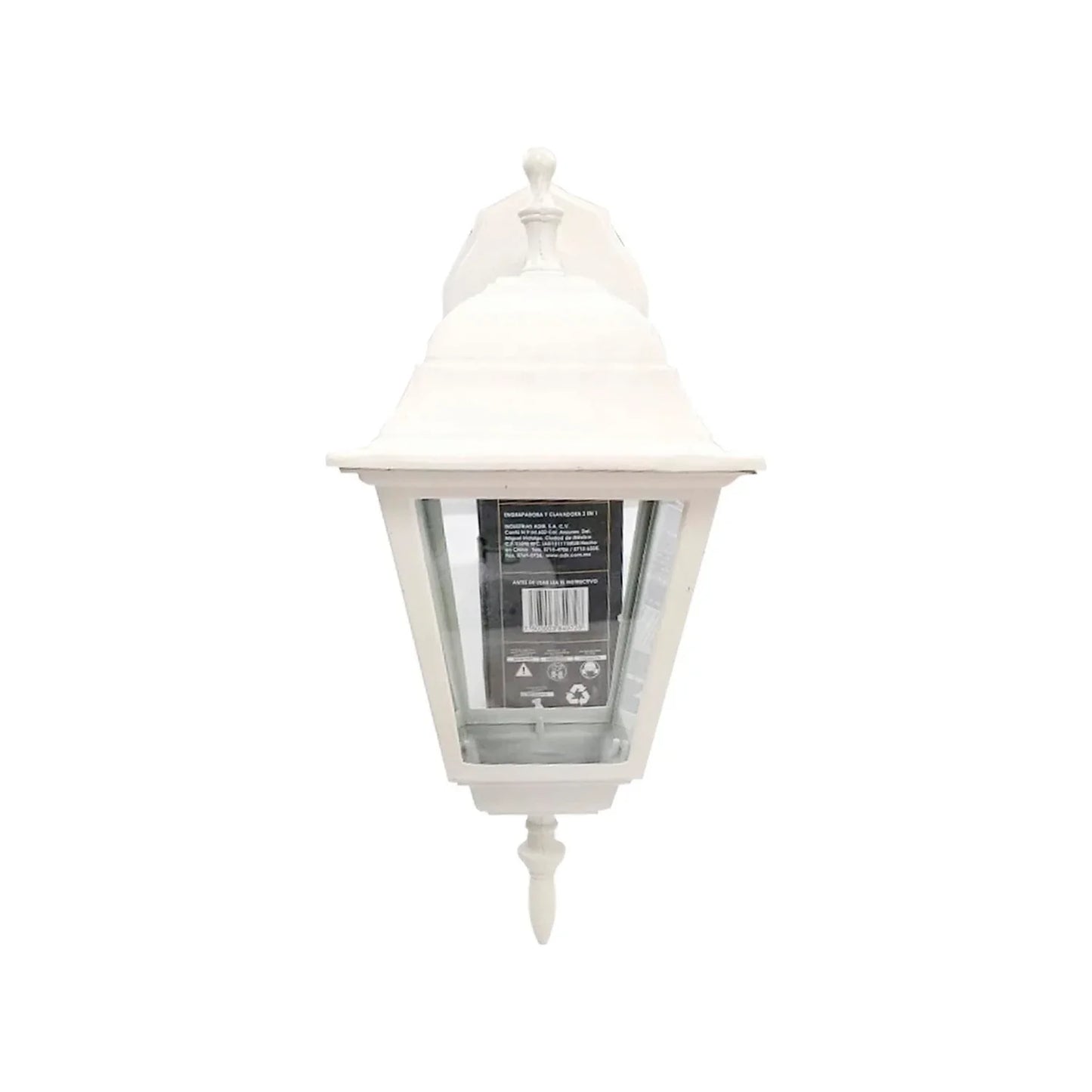 Cuerpo y brazo polipropileno.,Portalampara Tereftalato de polibutileno.,Vidrio Transparente (4 mm de espesor).,Uso exterior.,360 mm,60 W,120 V,60 Hz,Base E27,No instalar en lugares húmedos y proteger de la lluvia.,No incluye foco.