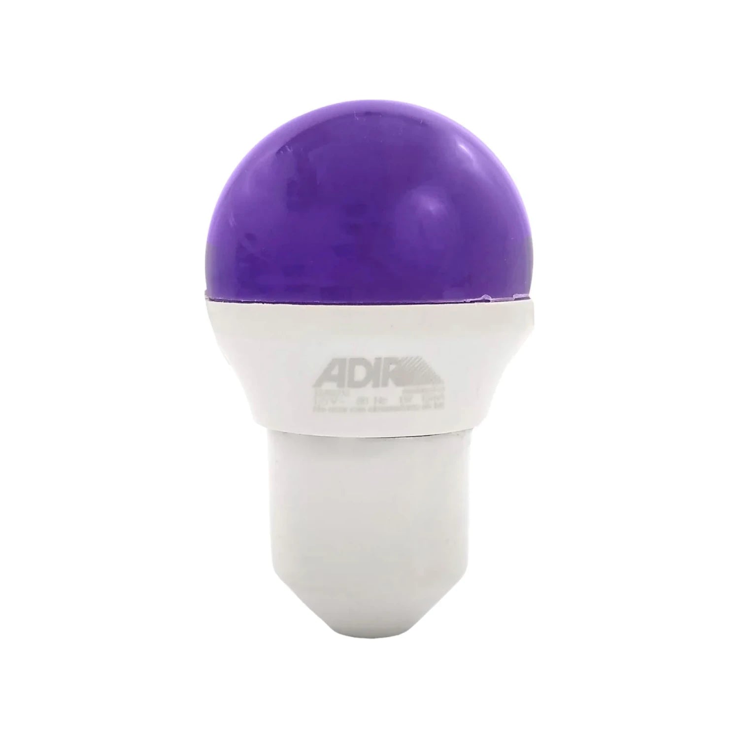 Foco LED violeta Adir de 1W, bombilla esférica con domo violeta y base blanca, para iluminación decorativa.