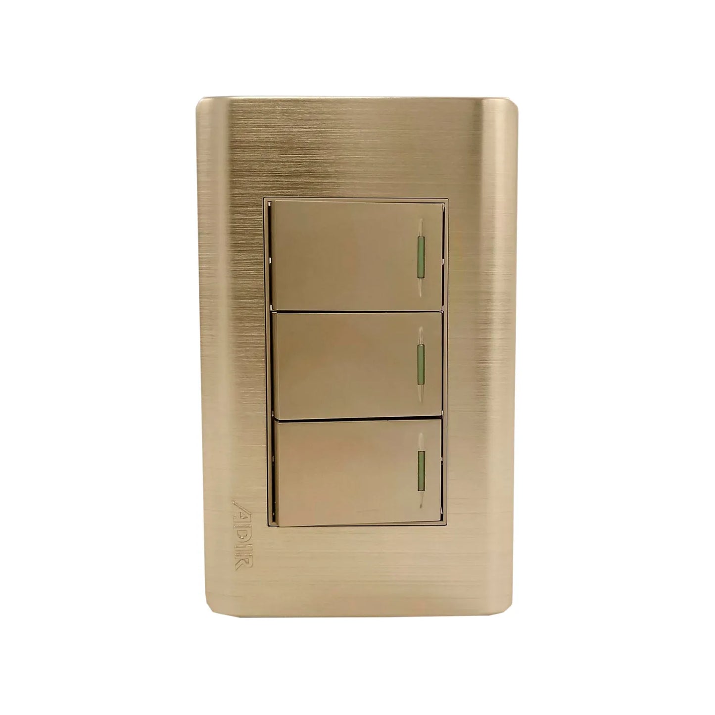 Fabricada de aluminio.,Cubierta acero inoxidable.,Placa de 3 apagadores.,127 V - 10 A - 60 Hz,Incluye tornillos.,Placa con reflejante.,Línea: Rose Gold Florence.