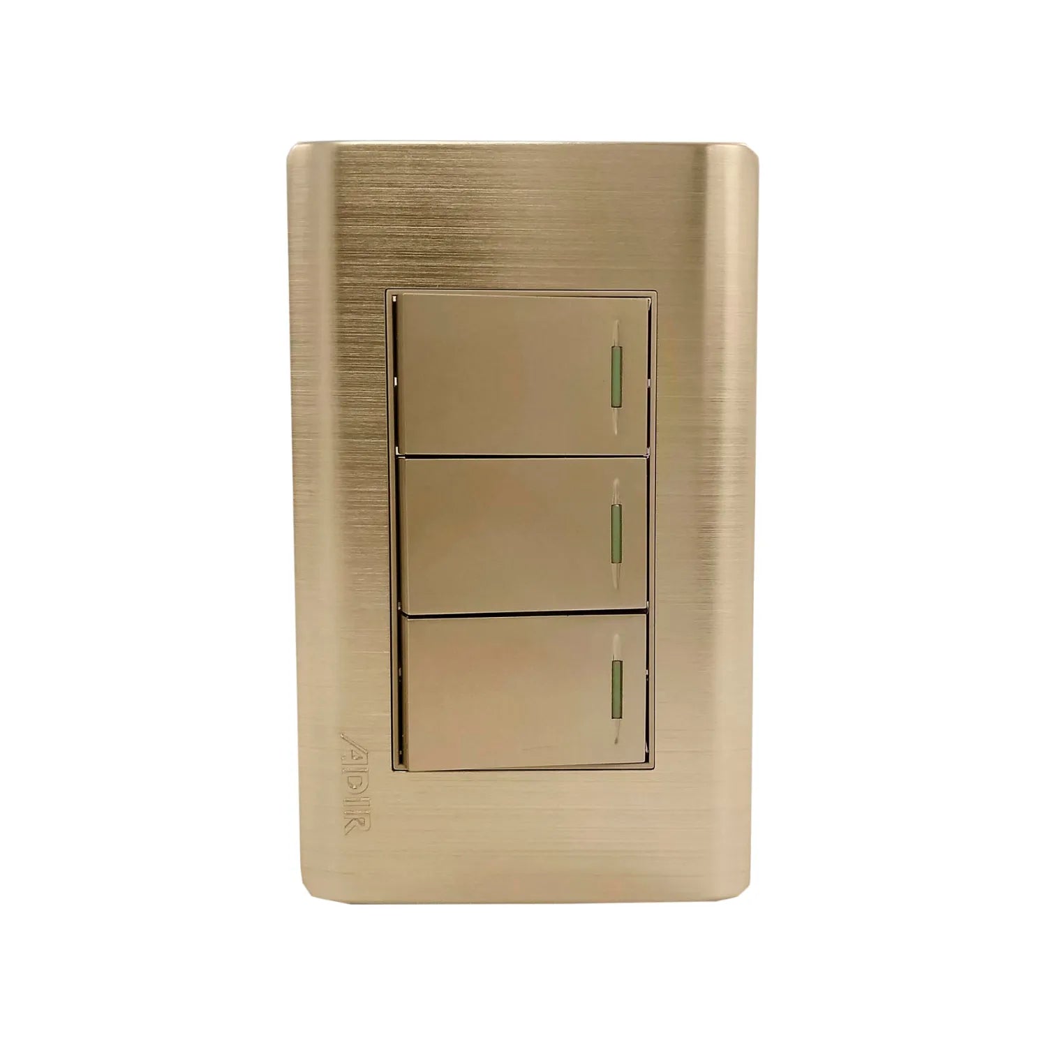 Fabricada de aluminio.,Cubierta acero inoxidable.,Placa de 3 apagadores.,127 V - 10 A - 60 Hz,Incluye tornillos.,Placa con reflejante.,Línea: Rose Gold Florence.