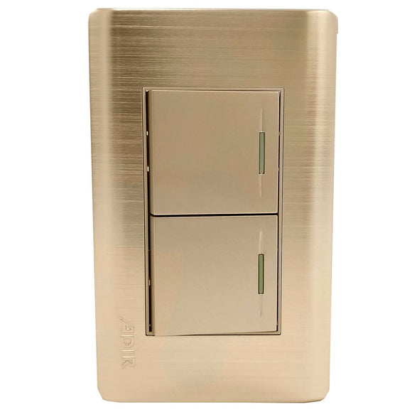 Fabricada de aluminio.,Cubierta acero inoxidable.,Placa dos apagadores de escalera.,127 V- 10 A – 60 Hz,Incluye tornillos.,Con reflejante.,Línea Rose Gold Florence.