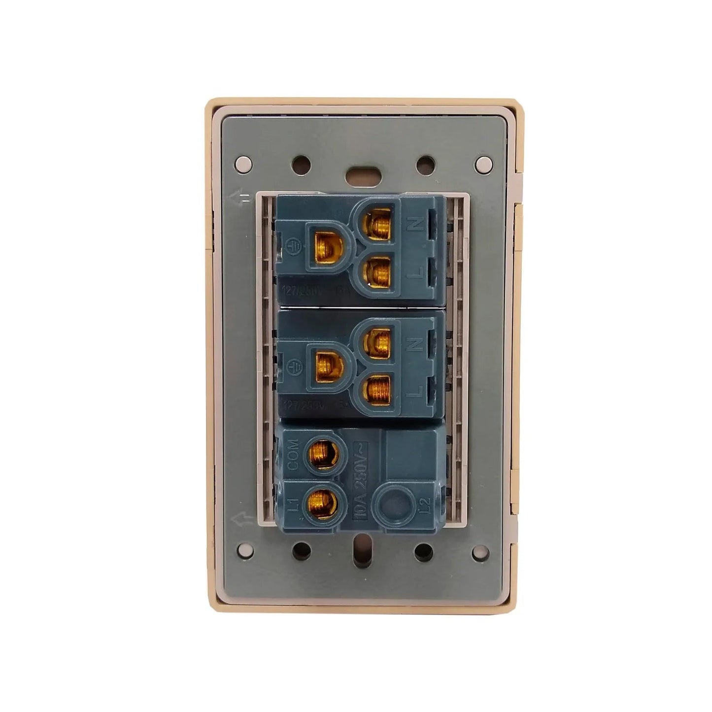Mecanismo de 3 apagadores eléctricos con bornes de cableado, vista trasera, placa beige.