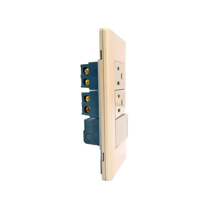 Placa para instalación eléctrica color beige con 2 contactos y 1 apagador, vista lateral de conexiones