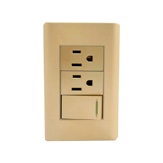 Fabricada de aluminio.,Placa un pagador y dos contactos.,Tomacorriente 127 V - 15 A - 60 Hz,Apagador 27 V – 10 A – 60 Hz,Incluye tornillos.,Con reflejante.,Línea: Rose Gold Florence.