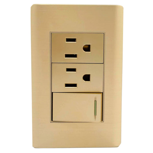 Fabricada de aluminio.,Placa un pagador y dos contactos.,Tomacorriente 127 V - 15 A - 60 Hz,Apagador 27 V â€“ 10 A â€“ 60 Hz,Incluye tornillos.,Con reflejante.,LÃ­nea: Rose Gold Florence.