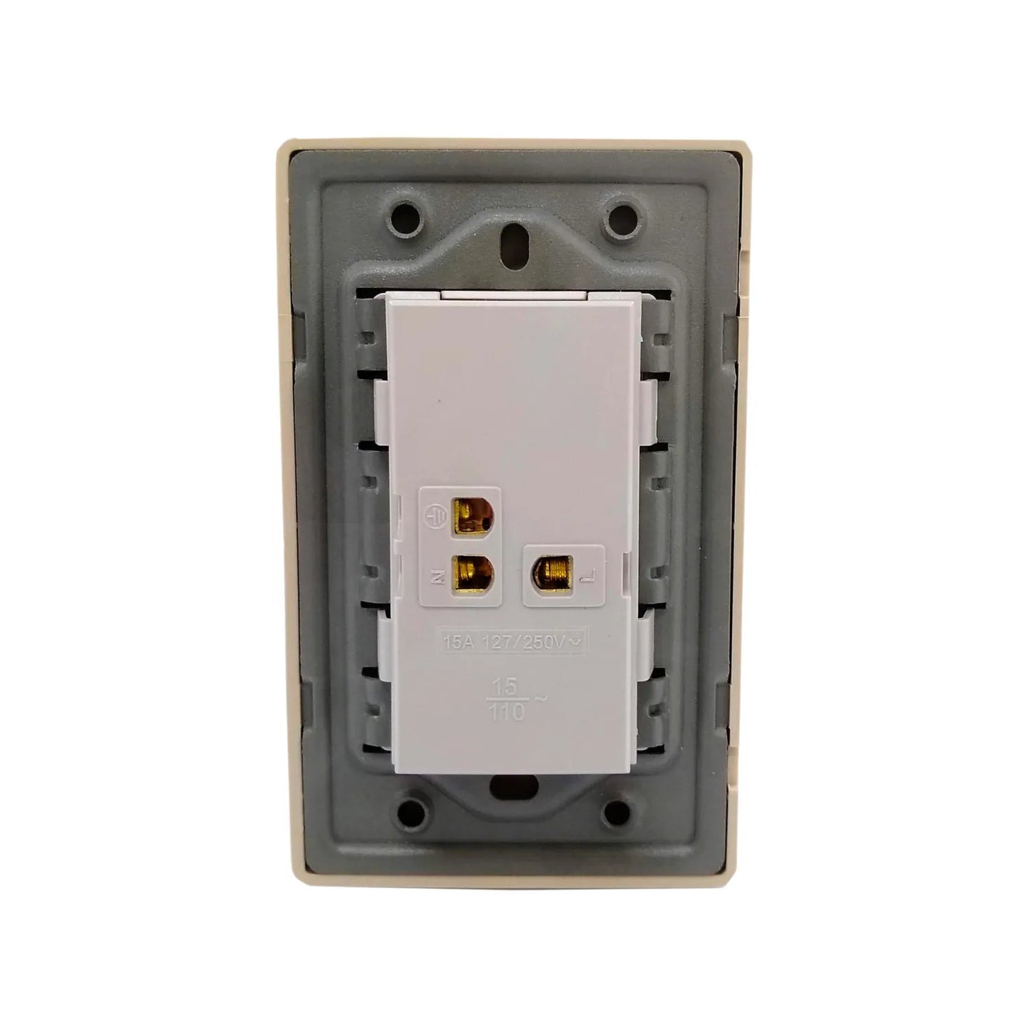 Parte trasera de toma de corriente dúplex beige para instalación eléctrica, con especificaciones 15A 127V/250V