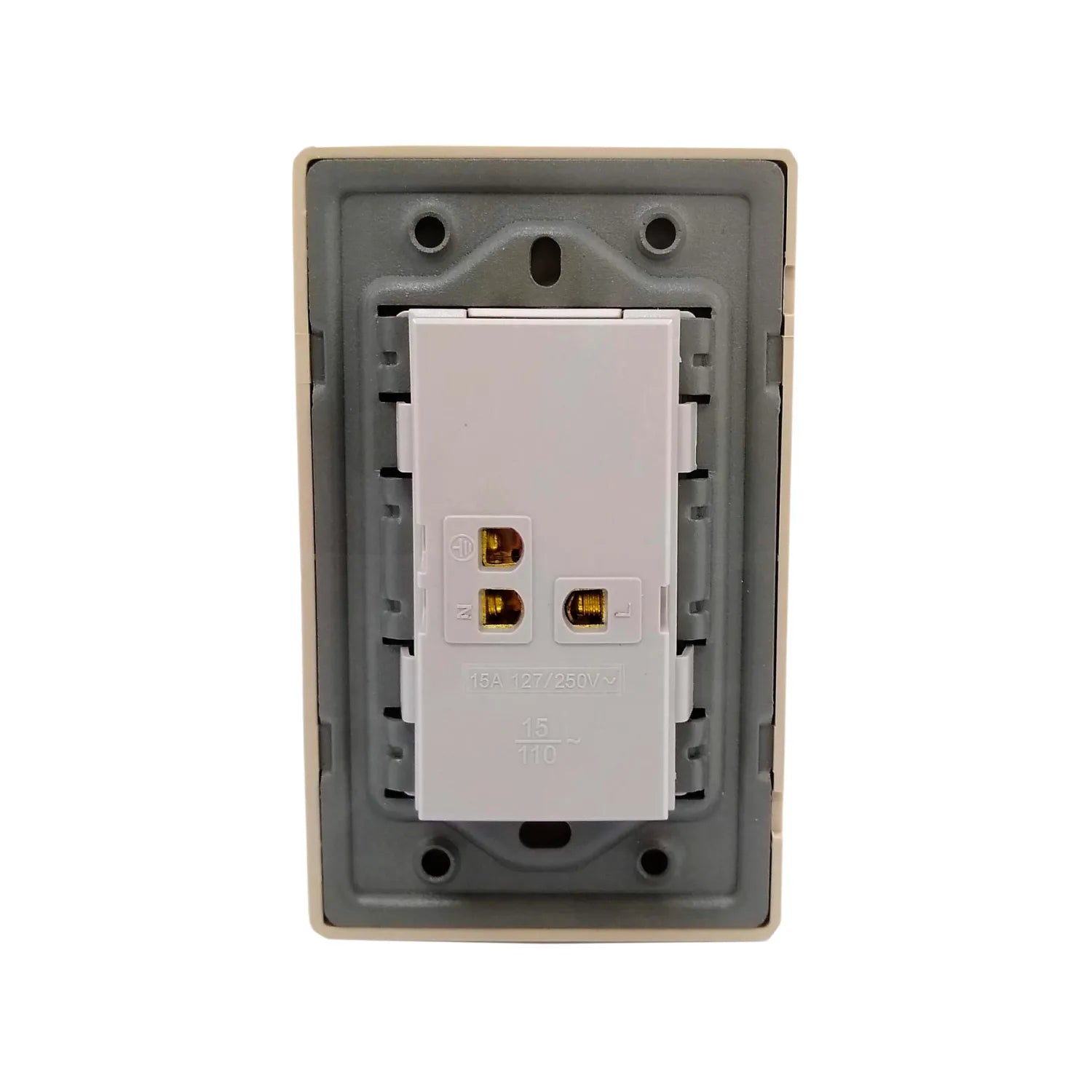 Parte trasera de toma de corriente dúplex beige para instalación eléctrica, con especificaciones 15A 127V/250V