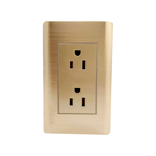 Fabricada de aluminio.,Placa dos contactos.,Cubierta acero inoxidable.,127 V - 10 A - 60 Hz,Incluye tornillos.,Placa con reflejante.,Línea: Rose Gold Florence.