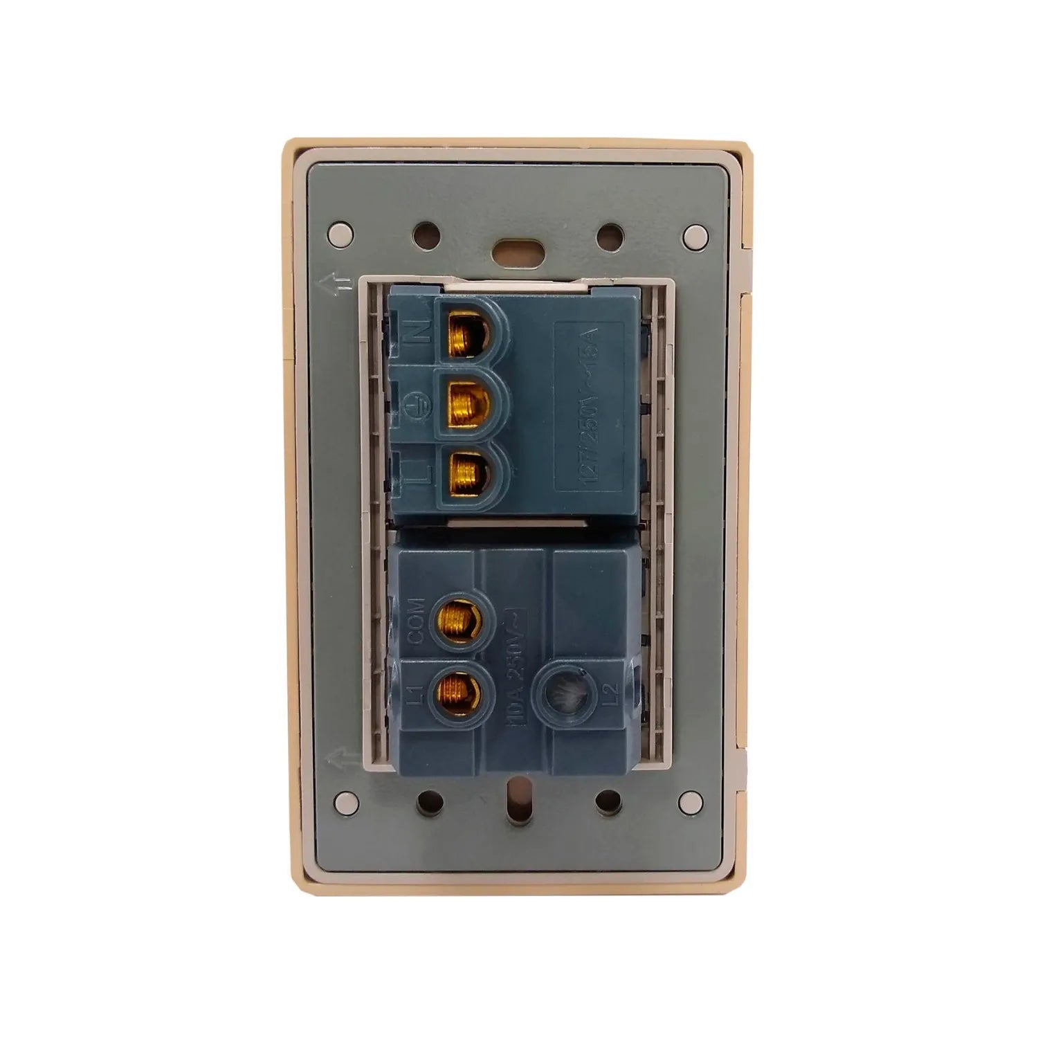 Vista trasera placa eléctrica color rose gold con 1 contacto de 15A y 1 apagador de 10A para instalación de pared.
