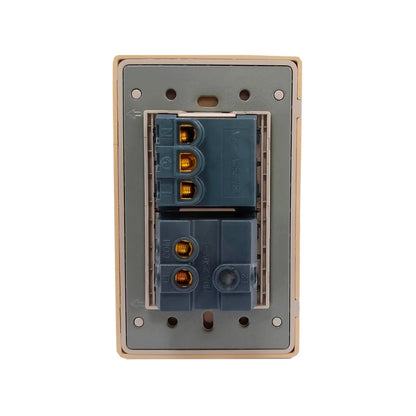 Vista trasera placa eléctrica color rose gold con 1 contacto de 15A y 1 apagador de 10A para instalación de pared.