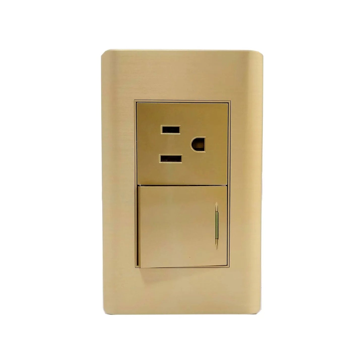 Placa de pared eléctrica rose gold con 1 contacto polarizado y 1 apagador, acabado metálico cepillado.