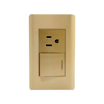 Placa de pared eléctrica rose gold con 1 contacto polarizado y 1 apagador, acabado metálico cepillado.