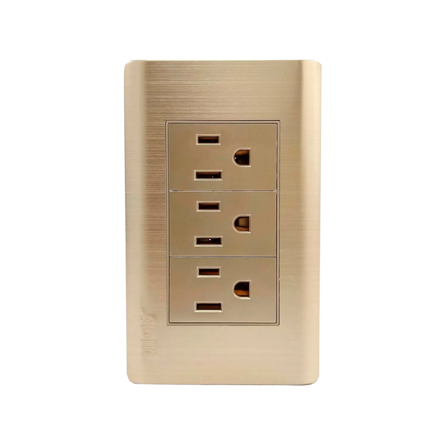 Fabricada de aluminio.,Cubierta acero inoxidable.,Placa tres contactos.,Incluye tornillos.,Placa con reflejante Línea Rose Gold Florence.