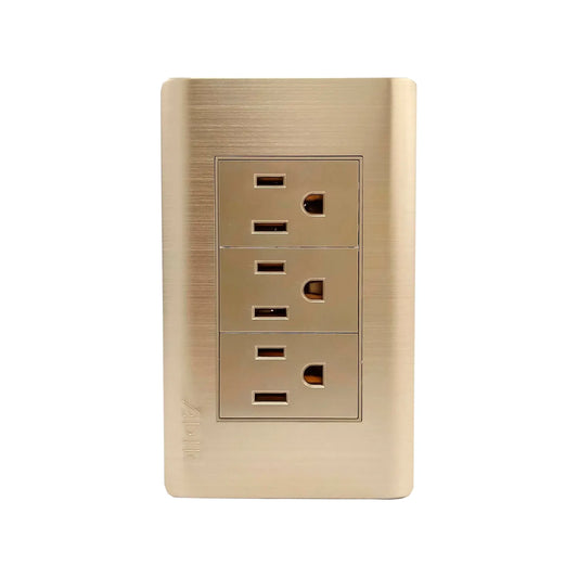 Fabricada de aluminio.,Cubierta acero inoxidable.,Placa tres contactos.,Incluye tornillos.,Placa con reflejante Línea Rose Gold Florence.