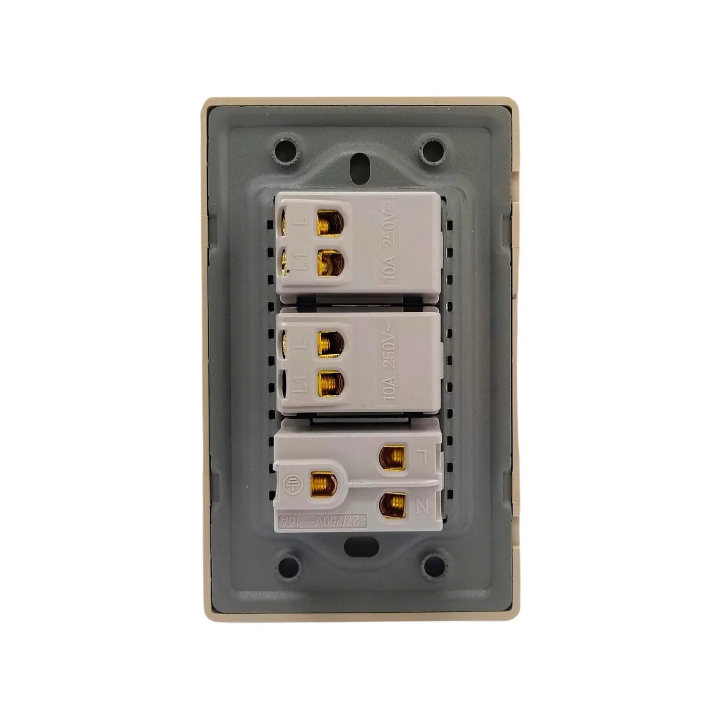 Placa eléctrica modular beige, vista trasera con 2 interruptores 10A y 1 contacto 15A para instalación.