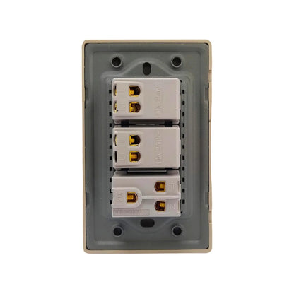 Placa eléctrica modular beige, vista trasera con 2 interruptores 10A y 1 contacto 15A para instalación.