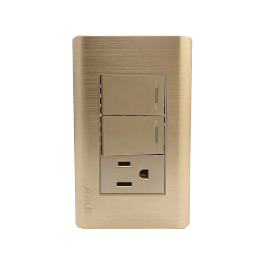 Placa eléctrica ADIR rose gold con 2 apagadores y 1 contacto, acabado cepillado metálico