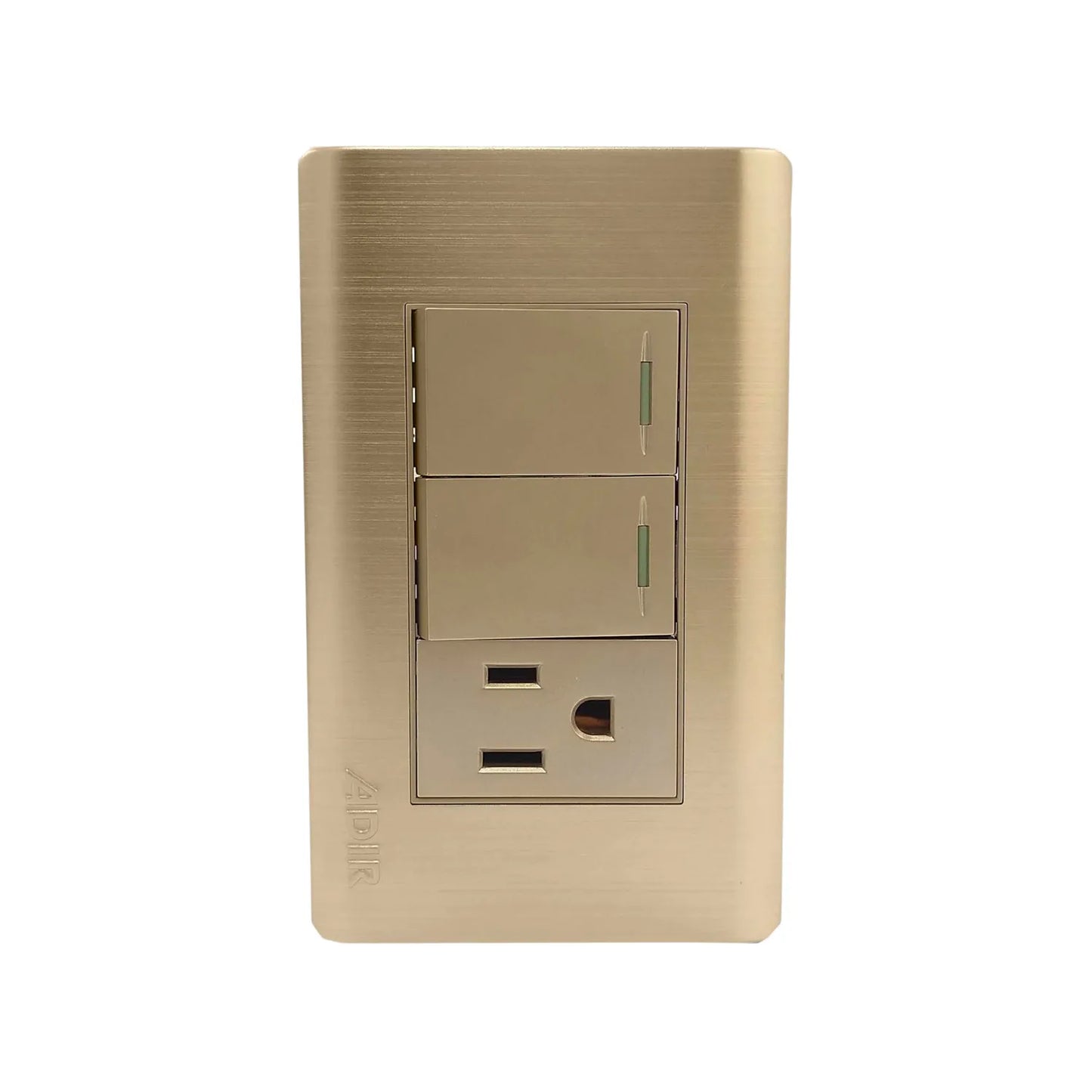 Fabricada de plástico ABS,Placa con dos apagadores y un contacto.,127 V- 10 A – 60 Hz,Herrajes de latón.,Ideal para uso residencial u oficina.