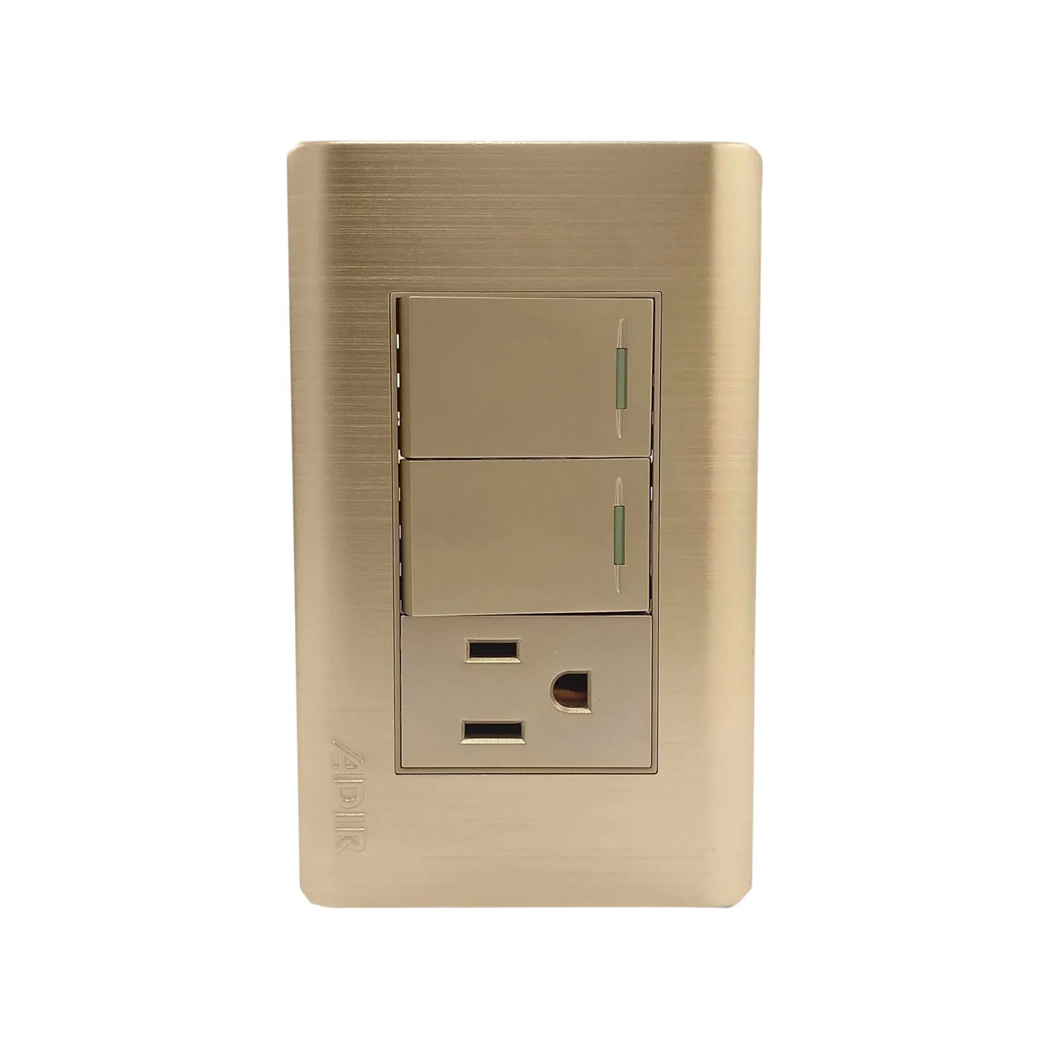 Fabricada de plástico ABS,Placa con dos apagadores y un contacto.,127 V- 10 A – 60 Hz,Herrajes de latón.,Ideal para uso residencial u oficina.