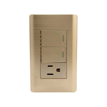 Fabricada de plástico ABS,Placa con dos apagadores y un contacto.,127 V- 10 A – 60 Hz,Herrajes de latón.,Ideal para uso residencial u oficina.