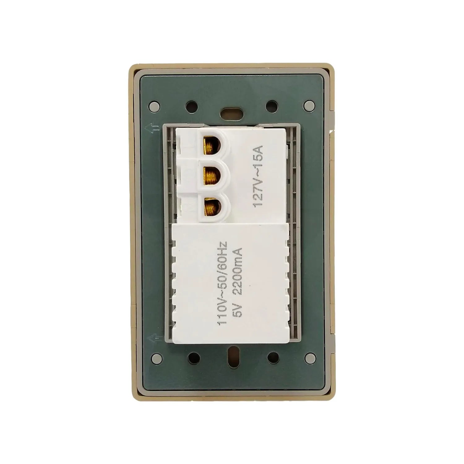 Placa eléctrica beige, vista trasera, con un contacto 127V 15A y cargador USB doble 5V 2.2A para instalación.