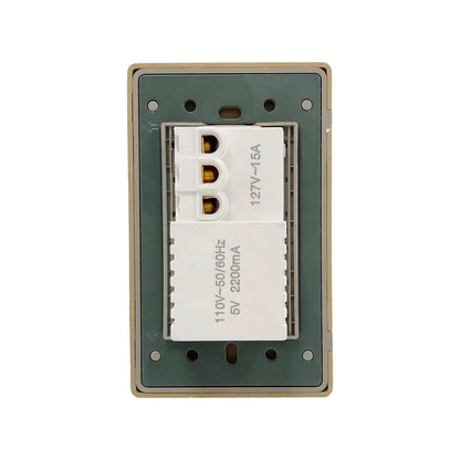 Placa eléctrica beige, vista trasera, con un contacto 127V 15A y cargador USB doble 5V 2.2A para instalación.