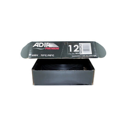 Rollo de cable eléctrico THW Adir Premium calibre 12 negro 100 metros 600V para instalaciones.