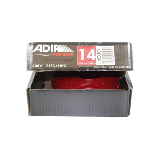 Rollo de cable eléctrico THW calibre 14 rojo Adir Premium 100m, 600V para instalaciones