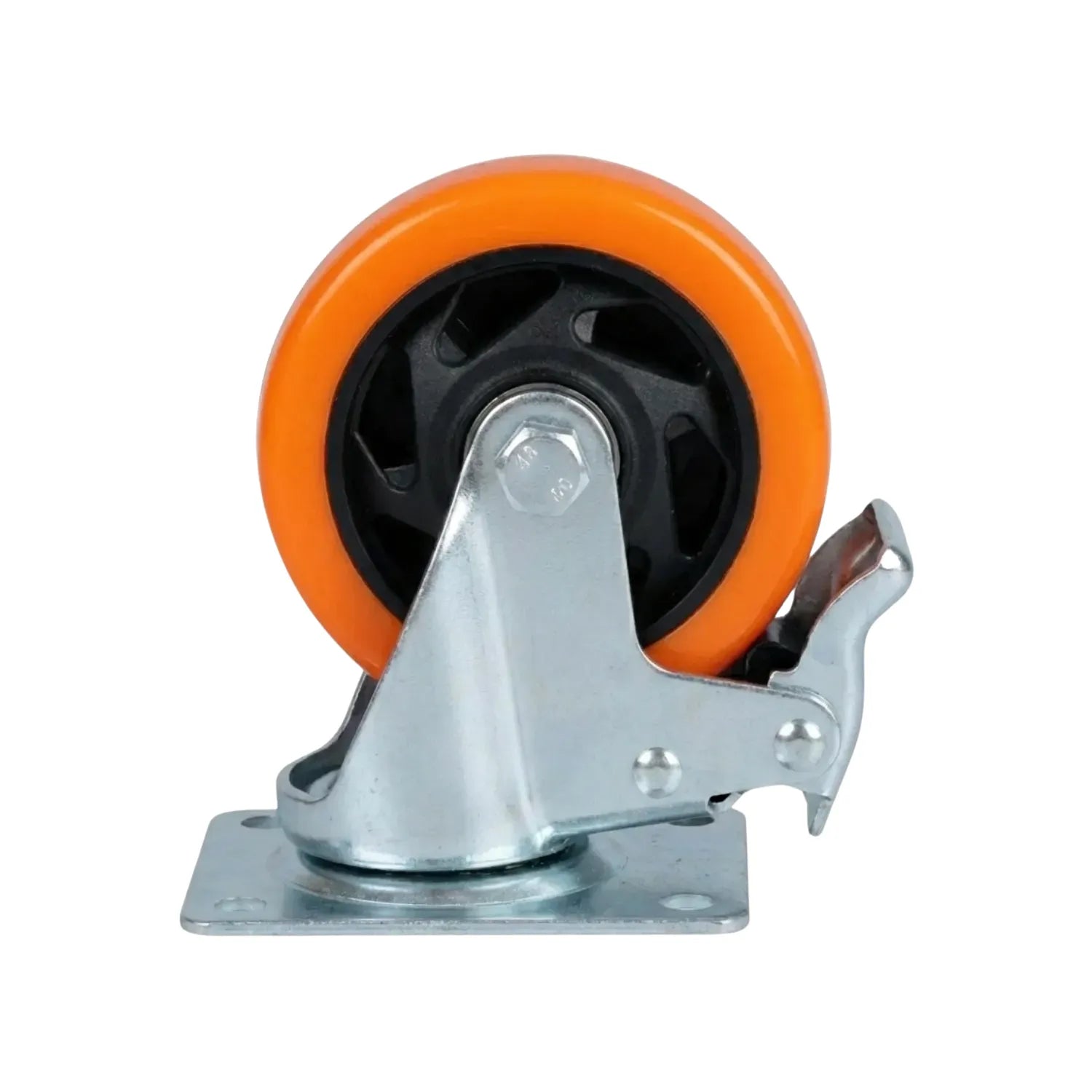 Rodaja giratoria de 2 pulgadas con freno, rueda de poliuretano naranja y balero de acero galvanizado.