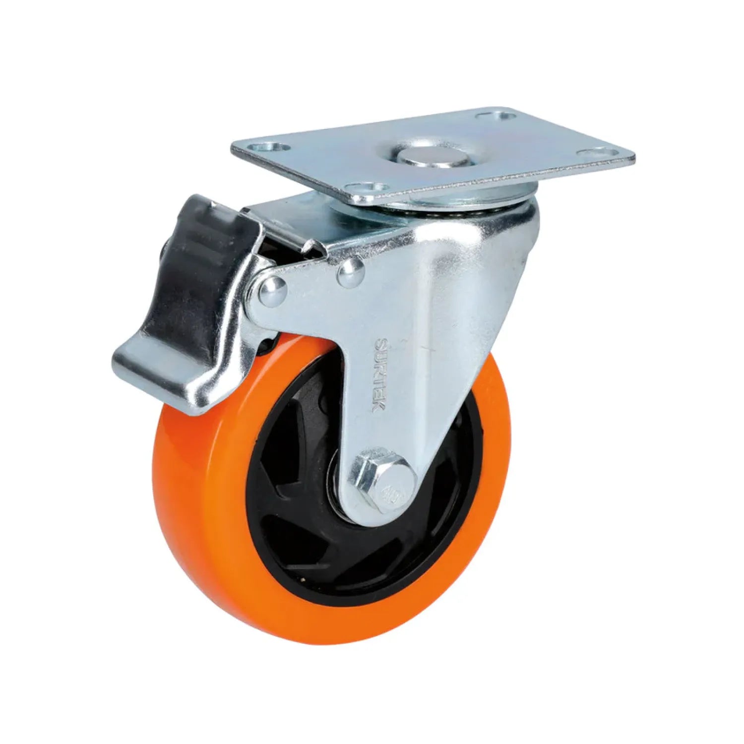 Rodaja giratoria industrial con freno lateral, rueda naranja resistente, base de montaje de acero galvanizado.