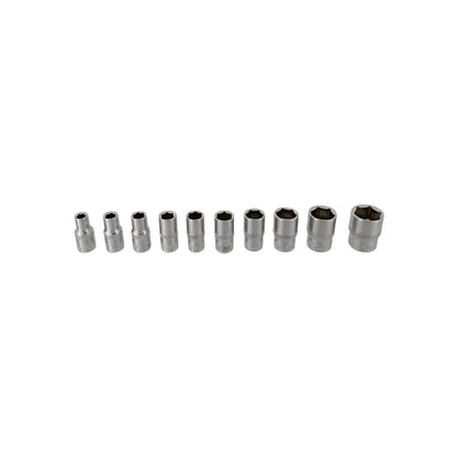 Fabricadas en acero.,Resistente a la torsión.,Incluye 10 dados con medidas 4.7, 5.5, 6.3, 7.1, 7.9, 8.7, 9.5, 11.1, 12.7, 14.2 mm